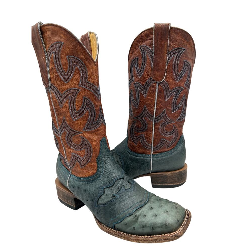 Cavenders Full Quill Ostrich Leather Cowboy Boots Square Toe Brown Blue Mens 8